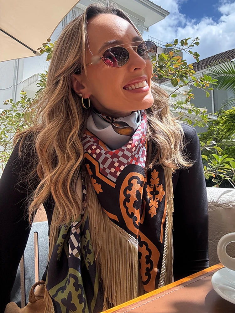 Fashion Vintage Printed Tassel Square Scarf Women Fringe Patchwork Shawl Waist Seal Accessories 2026 Spring Summer Street Shawls