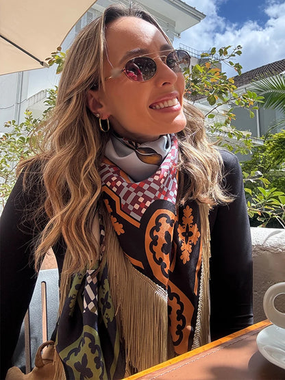 Fashion Vintage Printed Tassel Square Scarf Women Fringe Patchwork Shawl Waist Seal Accessories 2026 Spring Summer Street Shawls
