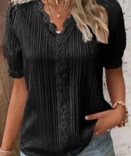 Elegant Women Blouse Shirt V Neck Lace Patchwork Short Sleeve Shirts For Women Summer Lady Tops