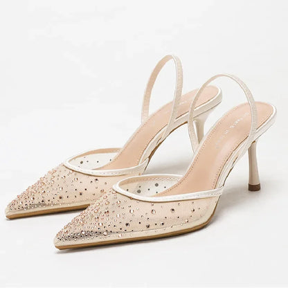 Rhinestone Luxury Heeled Sandals Women Shiny Mesh Mules Shoe Breathable Pointed Toe Pumps Women Elegant High Heels Wedding Shoes