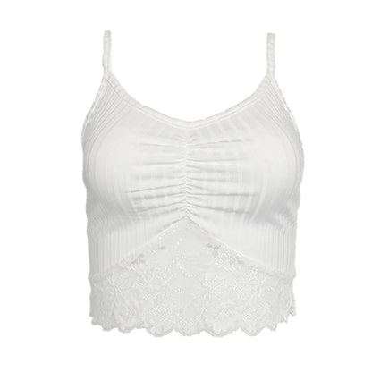 White Camisole 2025 Women's Tanks New Style V-Neck Lace Patchwork Pleated Fashion Sexy Hot Girl Street Fashionista Camisole Top