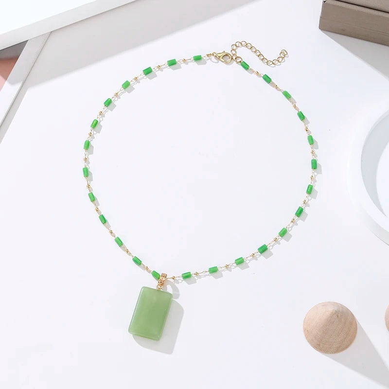 1pc Elegant Green Plain Bamboo Chain Pendant Necklace for Women Daily Jewelry Chic Sweater Chain Tassel Jade Gifts Accessories
