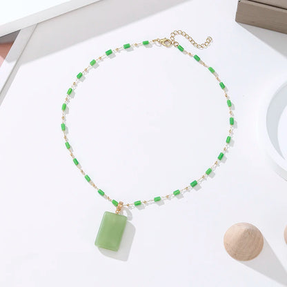 1pc Elegant Green Plain Bamboo Chain Pendant Necklace for Women Daily Jewelry Chic Sweater Chain Tassel Jade Gifts Accessories