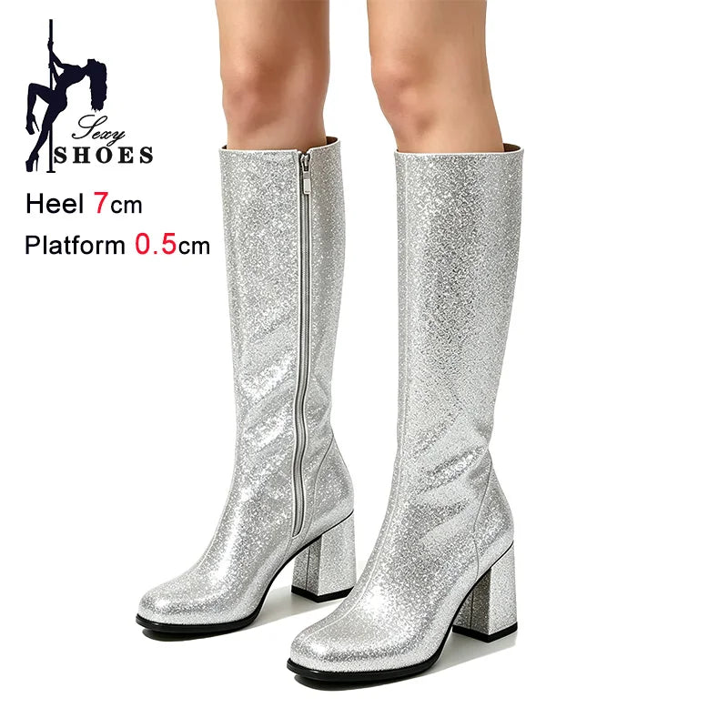 7CM Block Heel Pink Glitter Knee High Boots Women Square Toe Side Zipper Fashion Long Shoes Party Nightclub Long Pipe Booties