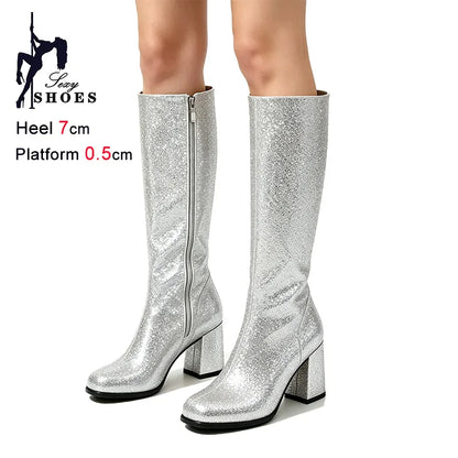 7CM Block Heel Pink Glitter Knee High Boots Women Square Toe Side Zipper Fashion Long Shoes Party Nightclub Long Pipe Booties