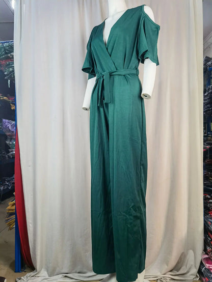 2024 Spring/Summer New Women's jumpsuit loose and elastic V-neck off shoulder waist loose wide leg pants for women's clothing