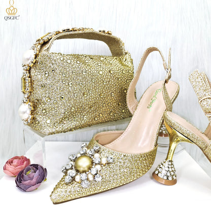 QSGFC 2026 New Fashion Purple Sandals Sequins Rhinestone Point Toe High Heels Slingback Women's Dress Women's Shoes & Bag Set