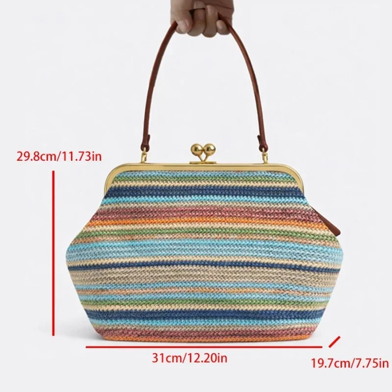 2026 Retro Leather & Straw Woven Bag – Kiss Lock Frame Shell Clutch, Large Capacity Shoulder Tote for Commute Beach Evening