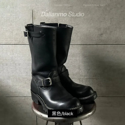 Leather Motorcycle Boots Men Women Engineer Shoes American Retro Khaki Suede Mid Calf motorcycle boots men motorcycle boots