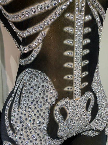 Luxury Rhinestones Skeleton Mesh See Through Jumpsuit Long Sleeve Nightclub Cos Party Stage Performance Halloween Costume
