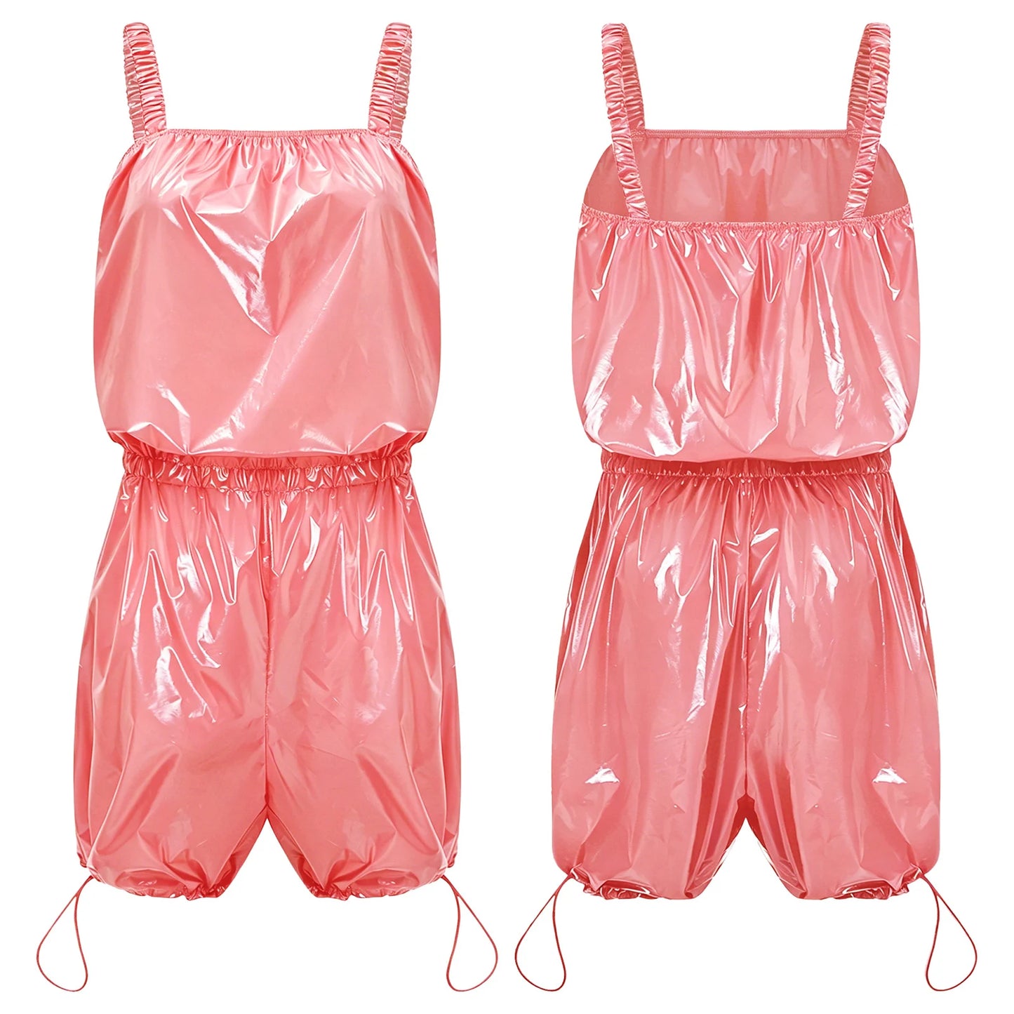 Womens Glossy Waterproof Diaper Cover Sling Bodysuit Waistband Drawstring Legs One-piece Cami Rompers Adaptive Short Jumpsuit