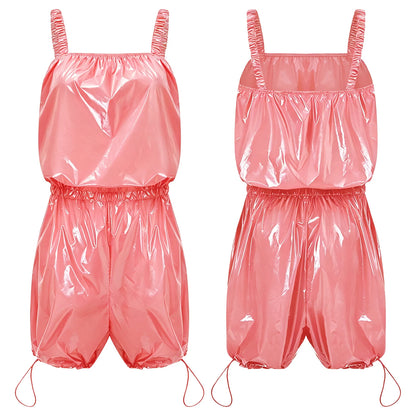 Womens Glossy Waterproof Diaper Cover Sling Bodysuit Waistband Drawstring Legs One-piece Cami Rompers Adaptive Short Jumpsuit