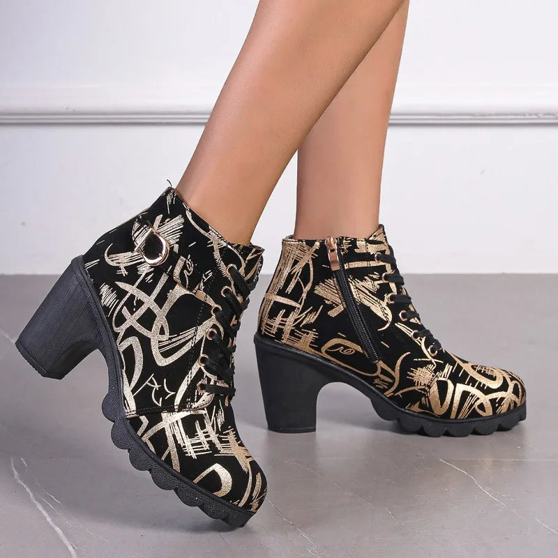Women's Fashion Round Toe Boots High Heeled Women Boots Cross Straps Short Boots Zipper Printed Comfortable High Heeled Shoes