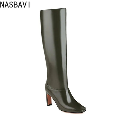 NASBAVI Women's Boots Autumn Winter Fashion New Style Sexy Knee-High Square Heel Square Toe Black Platform High 9cm Plus Size 48