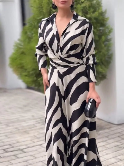 UOOZEE 2026 New Zebra Printed Lapel Jumpsuits For Women Long Sleeves High Waisted Wide Leg Urban Casual Office Commute Overalls