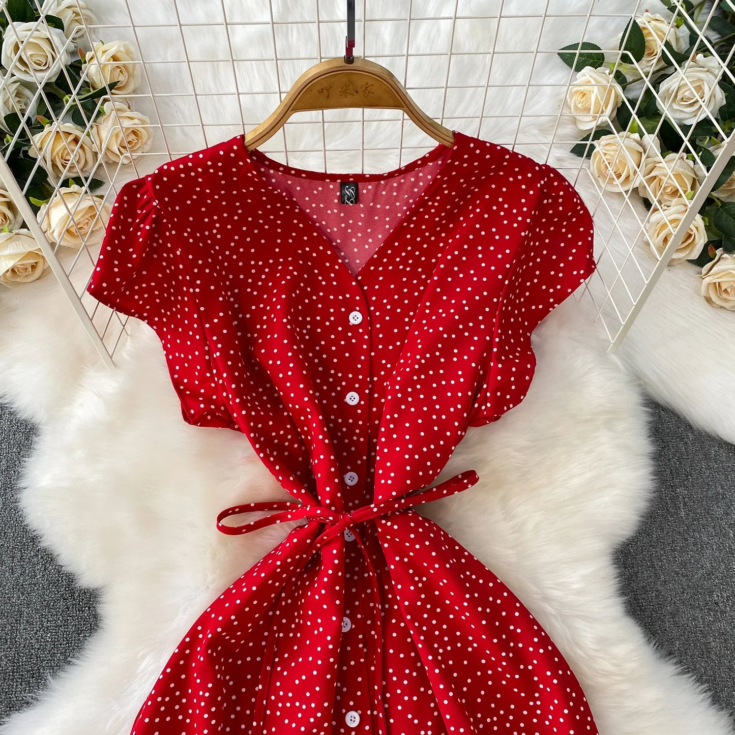 Summer Women Polka Dot Long Dress Vintage V-Neck Flying Sleeve High Waist Single Breasted A-Line Casual Vestidos Female Robe New