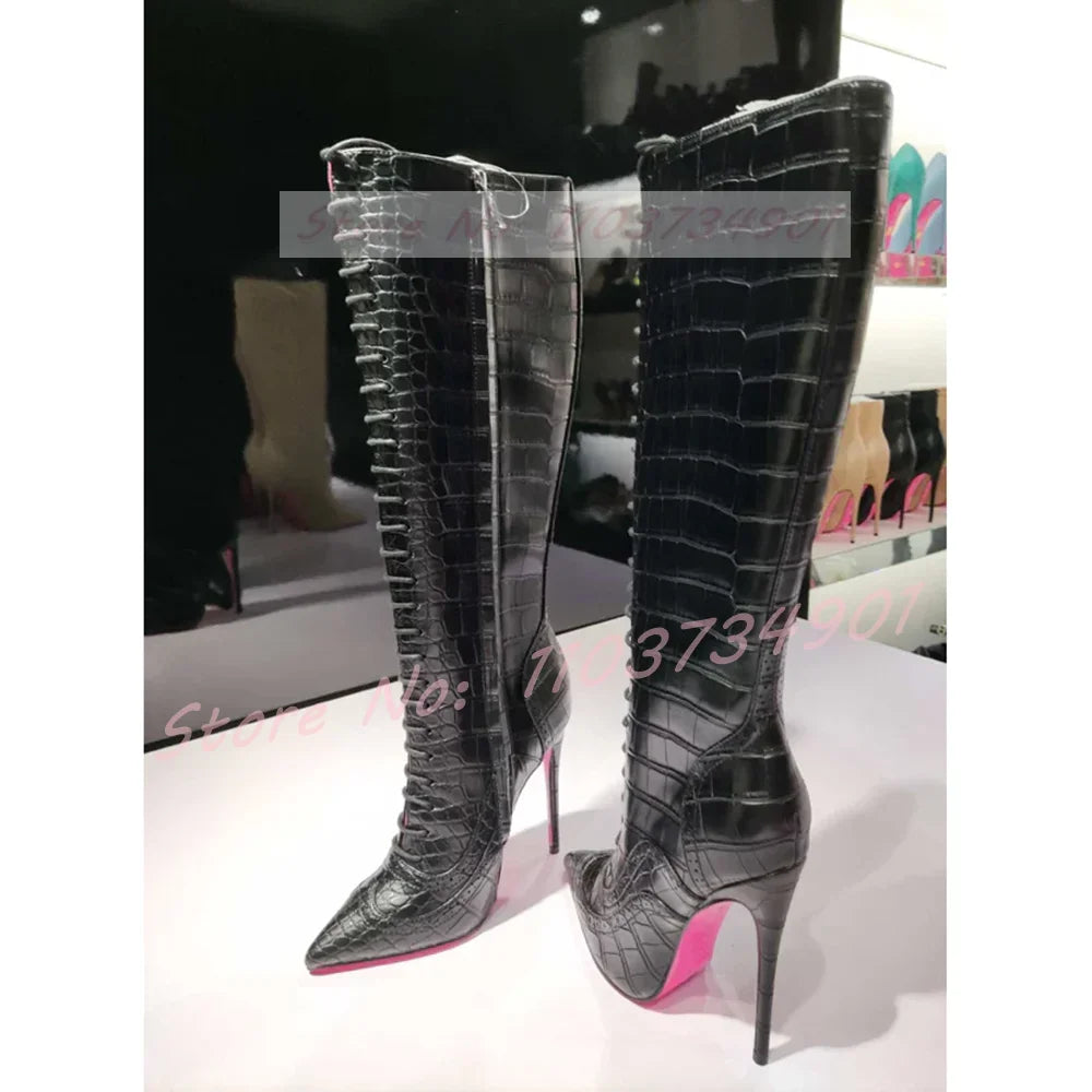 Pink Sole Zipper Knee Length Boots Women Sexy Nightclub Lace Up Pointy Toe High Heels Boots Lady Party Nifty Punk Fashion Shoes