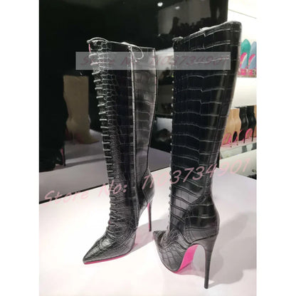 Pink Sole Zipper Knee Length Boots Women Sexy Nightclub Lace Up Pointy Toe High Heels Boots Lady Party Nifty Punk Fashion Shoes