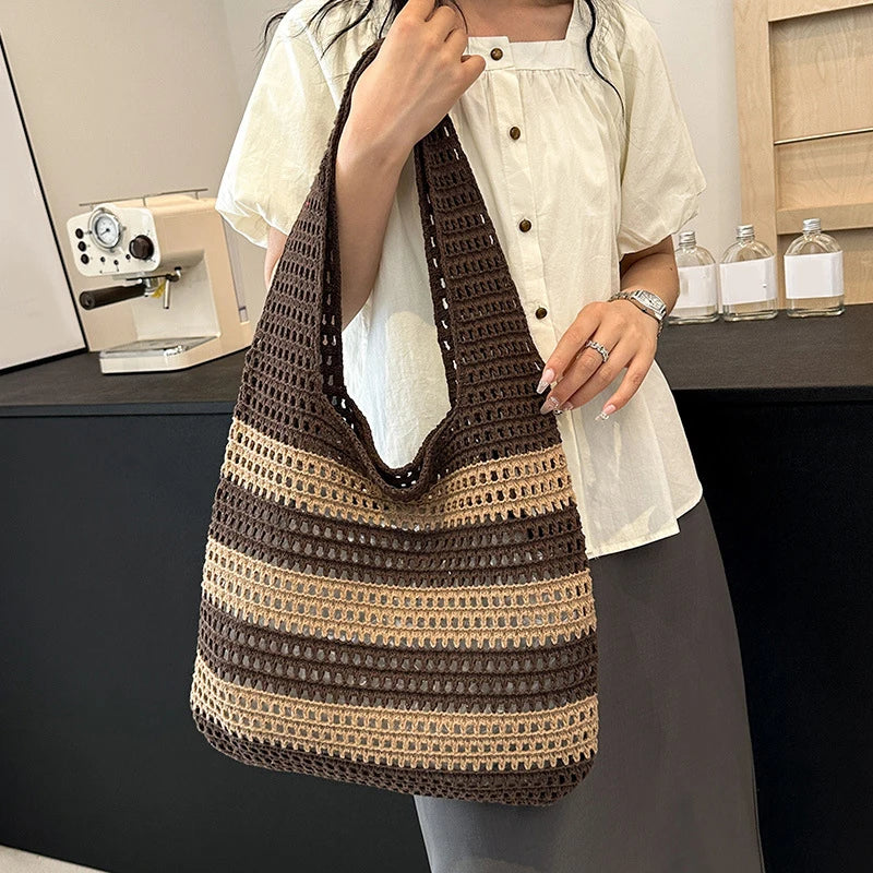 Wool Plush Woven Women Shoulder Bags Ladies Stripe Designer Knitted Braid Handbags Tote Summer Beach Shopper Purses