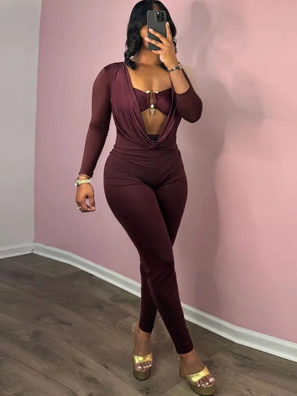 Sisterlinda Swinging Neck Slim Jumpsuits Sexy Hot Solid Cleavage Full Sleeve Elastic Overalls+Inside Chest Tanks Mujer Clubwear