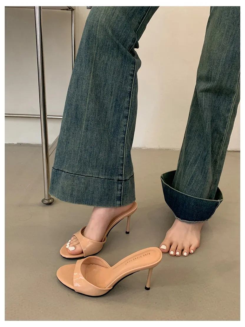 Women Slippers Sandals Fashion Round Open Toe Thin High Heels Mule Slides Summer Party Dress Pumps Shoe Comfortable Sandal Mujer