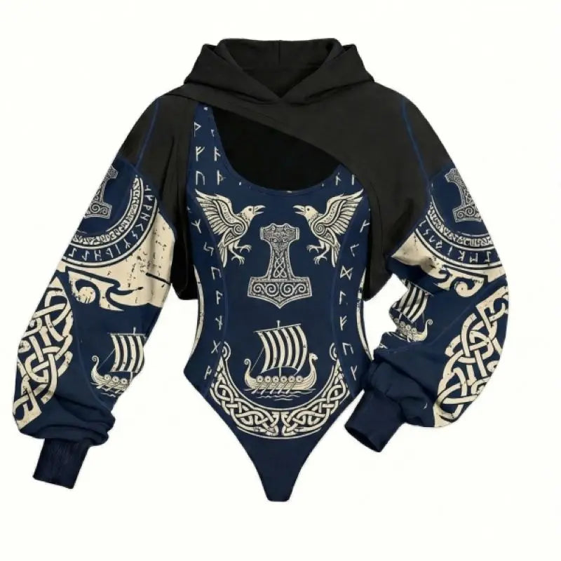 Ladies Viking Pattern Hooded Jumpsuit 2PCS Set Daily Home Lounge Streetwear Outdoor Walking Holiday Simple Comfortable Two Piece