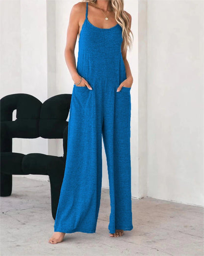 Plus Size Casual Sleeveless Jumpsuit Spaghetti Strap Loose Wide Leg Pocketed Beach Vacation Romper for Women