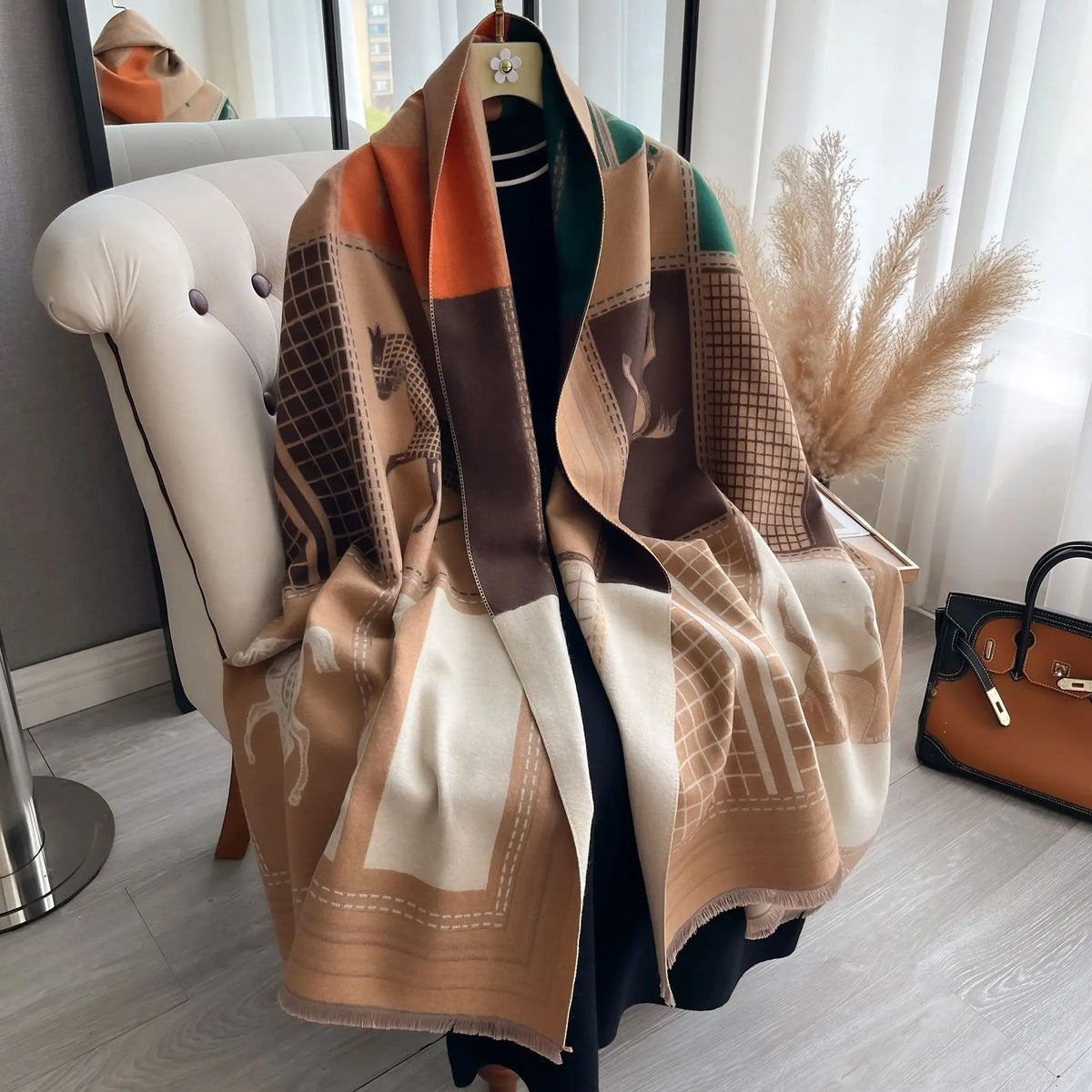 Autumn Winter Scarf Women Pashmina Shawls Horse Print Wraps Cashmere Blanket Warm Thick Chunky Stoles for Lady Outdoor Bufanda