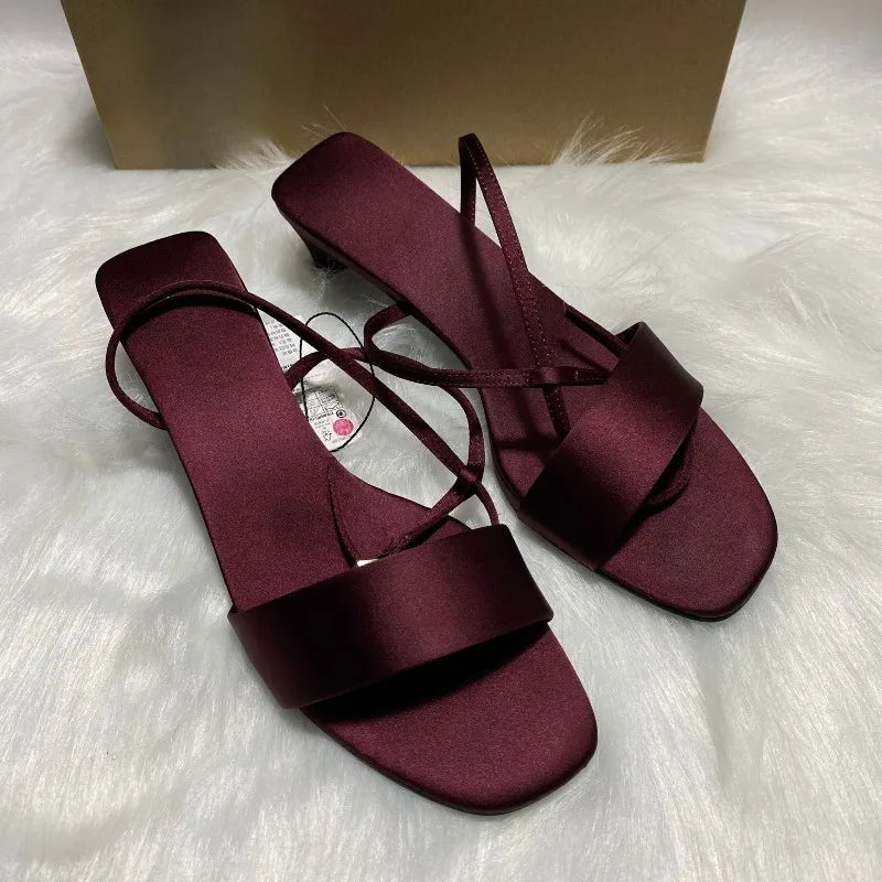 Luxury Satin Ankle Strap Low Heels Women Modern Sandals Summer Elegant Open Toe Brand Designer Large Size Female Office Shoes