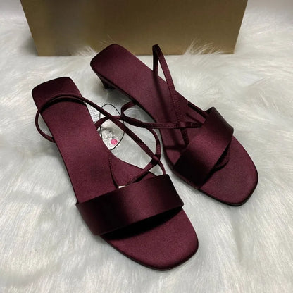 Luxury Satin Ankle Strap Low Heels Women Modern Sandals Summer Elegant Open Toe Brand Designer Large Size Female Office Shoes