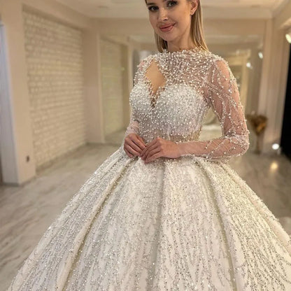 Gwn&Gce 2026 Long Sleeves Luxury Elegant Wedding Dress Pearls Wedding Gown A-Line Chapel Princess Bridal Gown Vestido Blanco