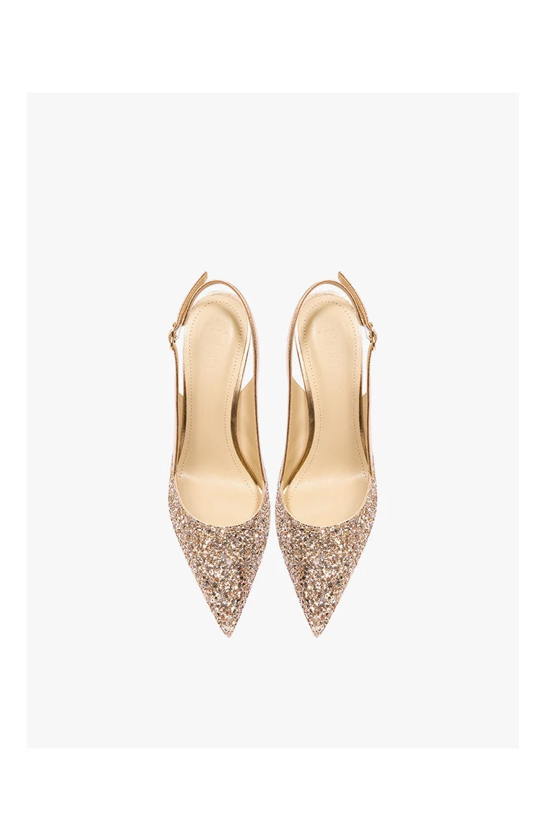 2025 New Summer Luxury Heeled Sandals Gold Sequins Back Strap Pointed Toe Stiletto Pumps Elegant Comfortable Prom Women's Shoes