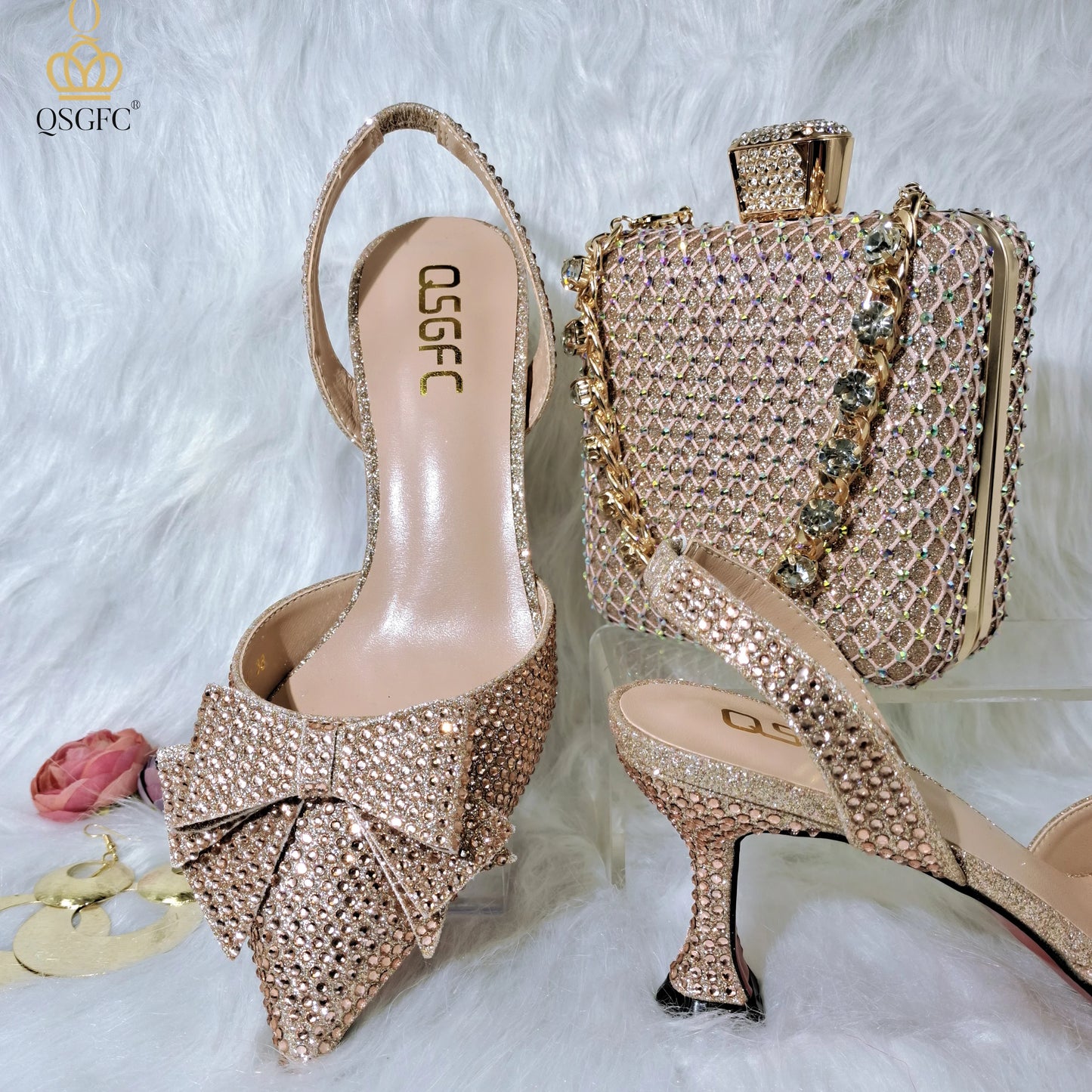 QSGFC Crystal Decoration Style Wine Glass Heel Shoes Friends Party Shoes Nigerian Fashion Peach Ladies Shoes And Bag For Party