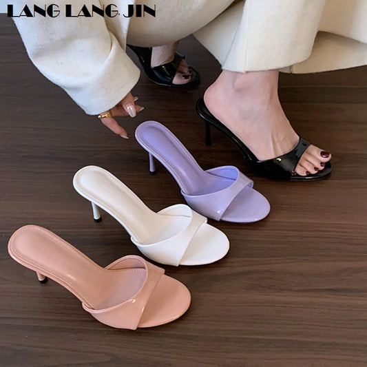 Women Slippers Sandals Fashion Round Open Toe Thin High Heels Mule Slides Summer Party Dress Pumps Shoe Comfortable Sandal Mujer