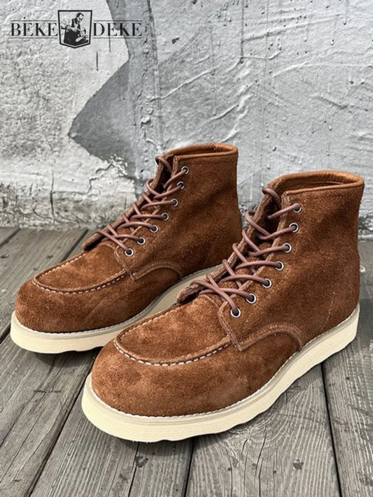 Retro Male Cow Suede Round Toe Hard Wearing Handmade Ankle Boots Leisure Genuine Leather Platform Solid Color Lace-Up Work Shoes