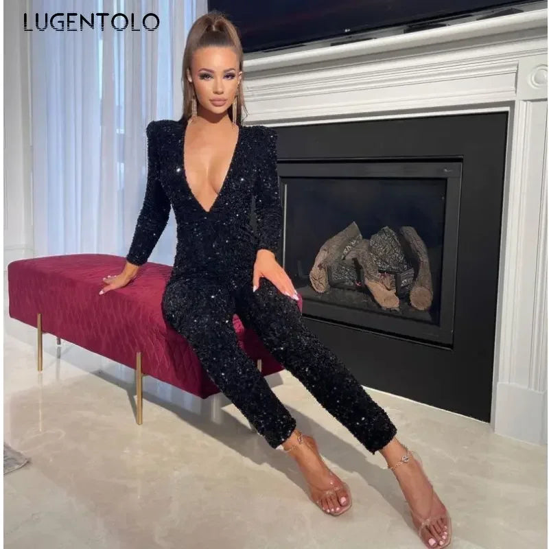 Women Sexy Jumpsuit Long Sleeve V-neck Sequins Black Skinny Party Female Fashion High Waist Jumpsuits Lugentolo