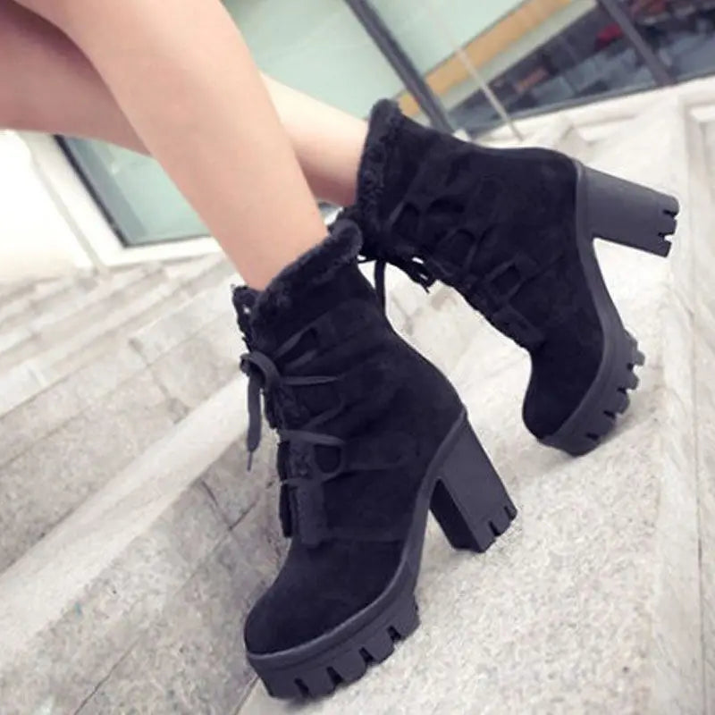 Winter Warm Girls Boots Fashion Lace Up Platform High Heels Women Ankle Boots Cosplay Casaul Party Fur Warm Women Boots Shoes 43