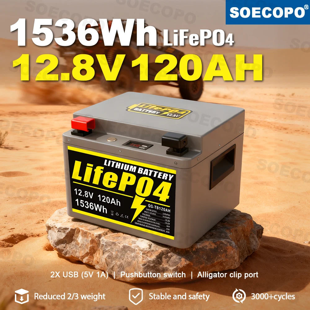 SOECOPO 12V 120Ah Portable LiFePO4 Battery 1536Wh LCD Screen USB Output for Home Camping Fishing Trolling Motor Power Bank