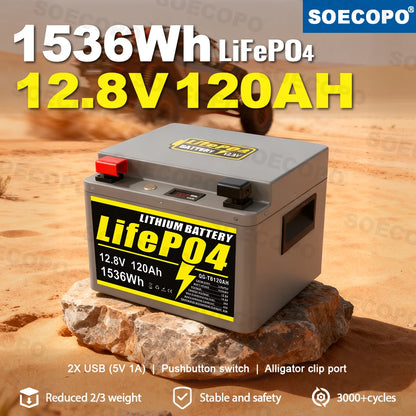 SOECOPO 12V 120Ah Portable LiFePO4 Battery 1536Wh LCD Screen USB Output for Home Camping Fishing Trolling Motor Power Bank
