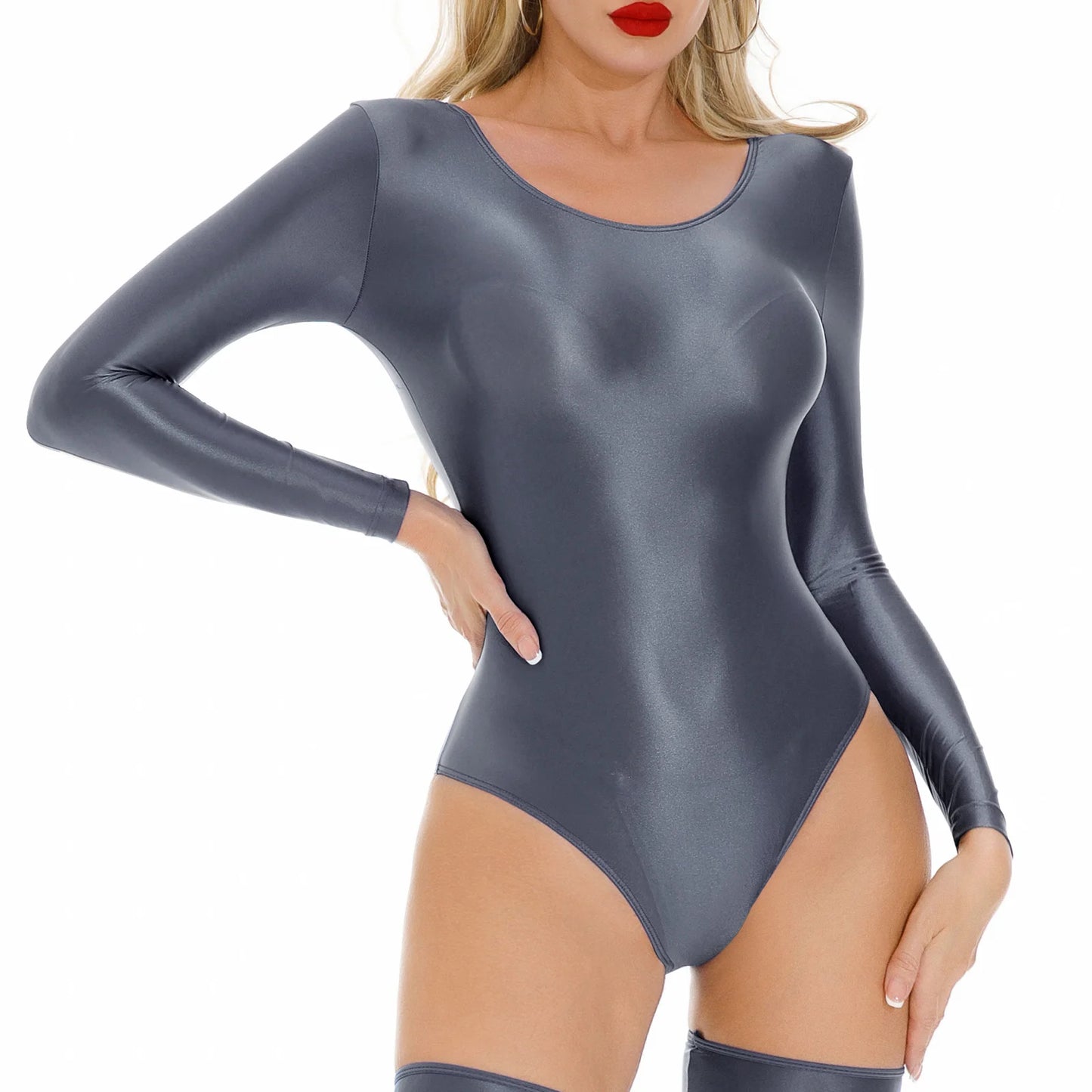 Women's Swimsuit One Piece Swimwear Oil Glossy Stretchy Gym Fitness Long Sleeve Round Neck Tights Leotard Bodysuit Clubwear