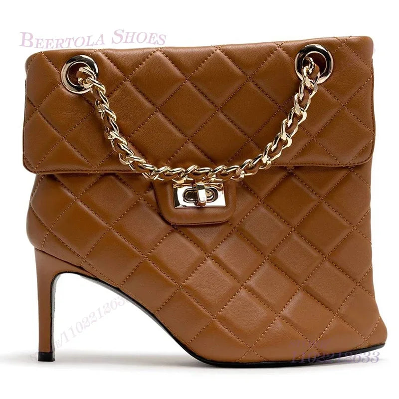 Red Handbag Chain Boots Pointed Toe Women Brown Leather Plaid Metal Buckle Heels Ankle Calf Booties Girl White Stiletto Shoes