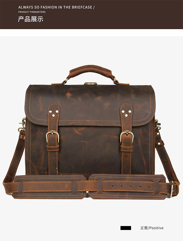 Vintage Crazy Horse Genuine Leather Men Briefcase Large Business Bag Tote Office Bag 15.6“Laptop Case Attache Male Shoulder Bag