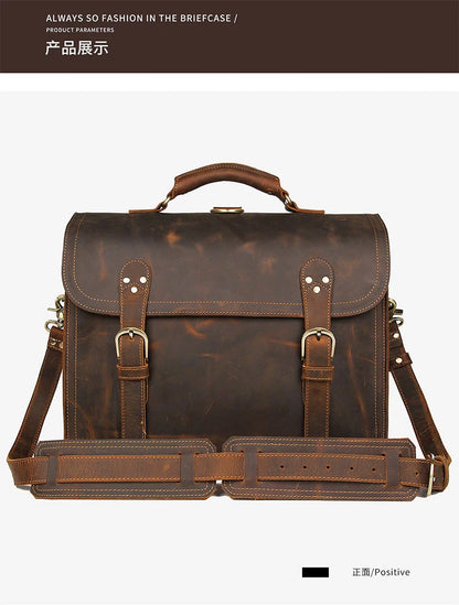 Vintage Crazy Horse Genuine Leather Men Briefcase Large Business Bag Tote Office Bag 15.6“Laptop Case Attache Male Shoulder Bag