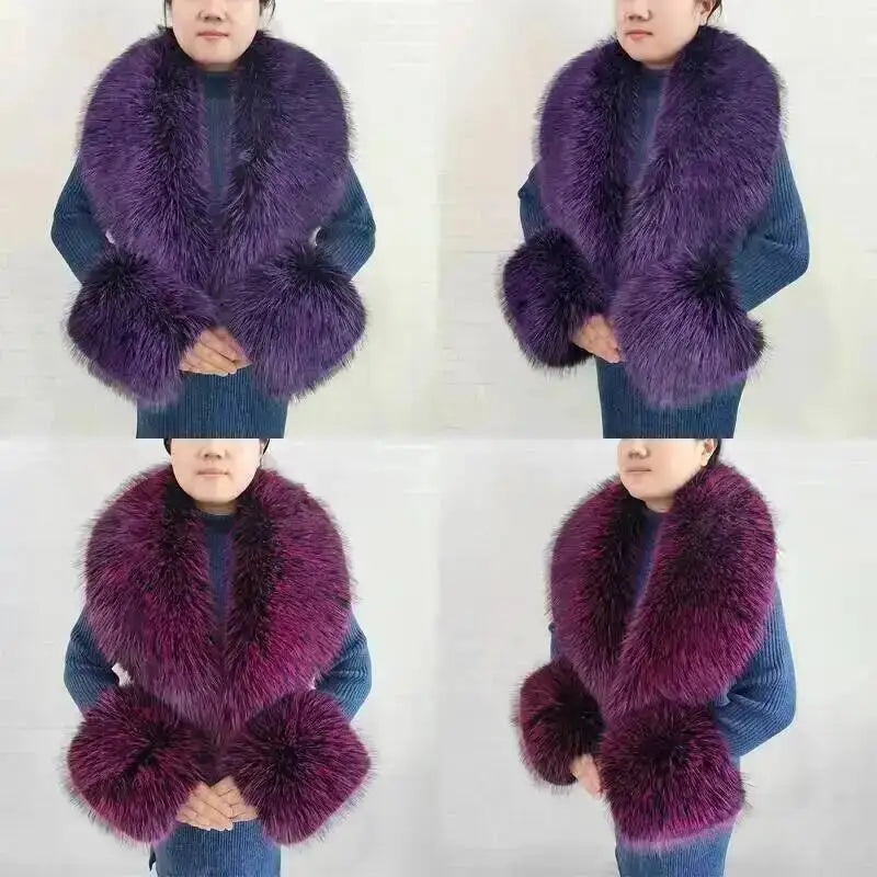 Large Women Faux Fox Fur Scarf Winter Jackets Warm Fluffy Shawl Fashion Artificial Fur Collar And Cuff Set Fluffy Scarves Female