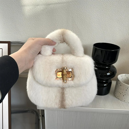 Fur Women's Mink Fur Bag Luxury Warm Plush Wrist Bags  Women Fashion Furry Short Handle Clutch Cute Ladies Fur Bags For Women