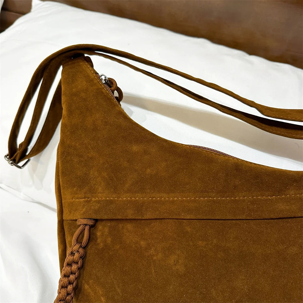 Retro Crossbody Messenger Bags For Women Faux Suede Pure Color Big Capacity Shoulder Hobo Bag 2025 Winter Latest Ladies Handbags