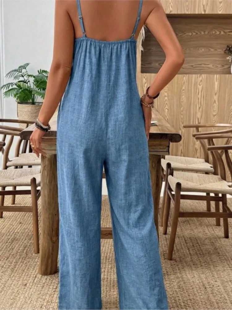 Summer Sleeveless Backless Jumpsuits For Woman 2026 Casual Holiday Solid Color Loose Strap Rompers One Piece Clothing