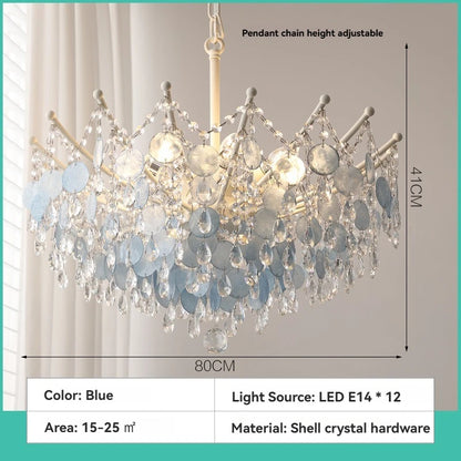 French Luxury LED Pendant Lights Blue White Natural Shell Crystal Chandelier Lamps for Romantic Living Dining Bedroom Home Decor