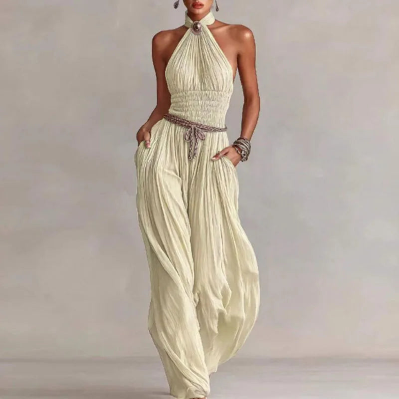 Bohemian Halter Hollow Vacation Jumpsuit Spring Solid Backless Pleated Women's Rompers Summer Sleeveless Wide Leg Pants Overalls