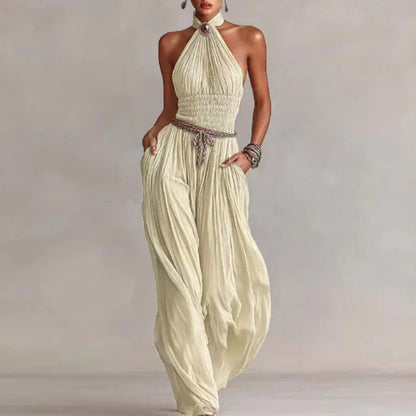 Bohemian Halter Hollow Vacation Jumpsuit Spring Solid Backless Pleated Women's Rompers Summer Sleeveless Wide Leg Pants Overalls